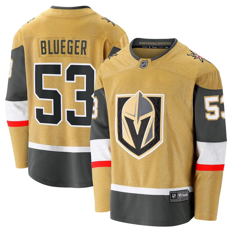 Men Vegas Golden Knights 53 Teddy Blueger Fanatics Branded Gold Home Breakaway NHL Jersey